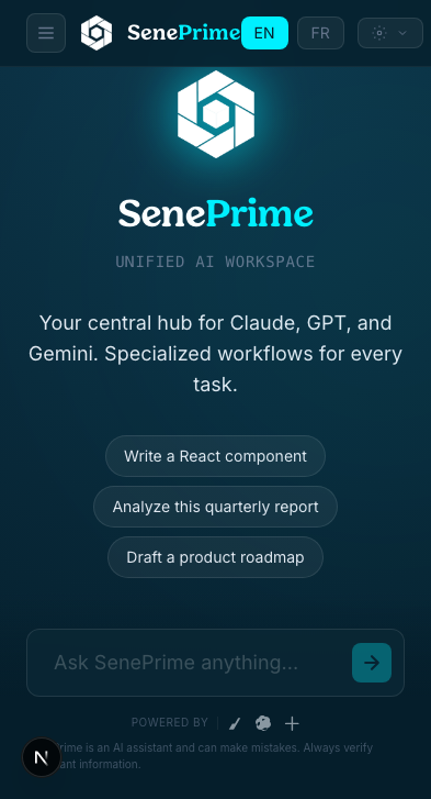 SenePrime AI workspace mobile view